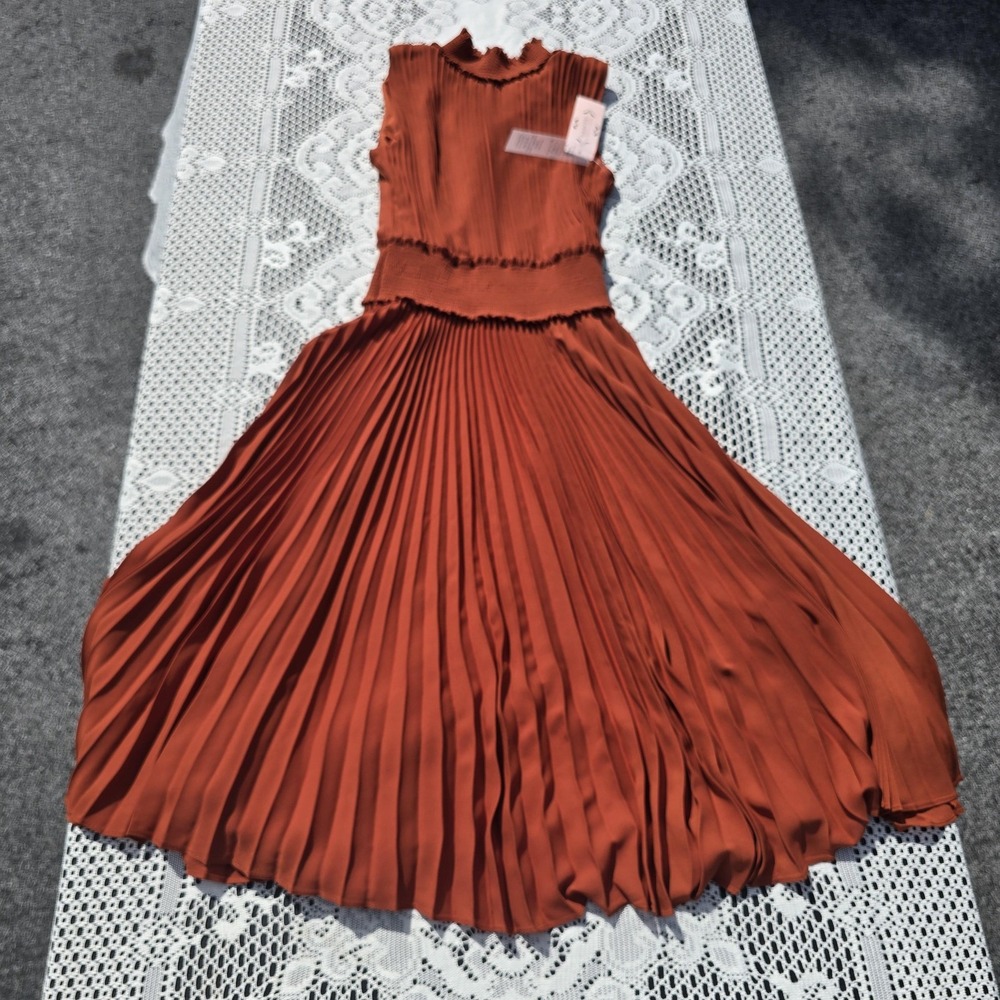 Nanette Lepore‎ Dress Womens 2 Rust Orange Pleated Midi Sleeveless Ruffle Neck